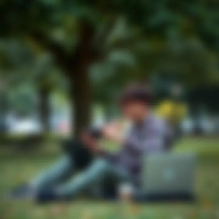 A person enjoying a mobile game in a park under a tree, with a laptop on their lap and a coffee beside them.