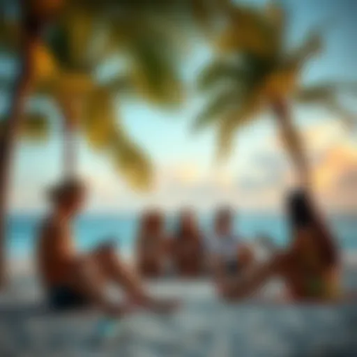 A group of people enjoying mobile games on the beach in Tulum, with palm trees and the ocean in the background.
