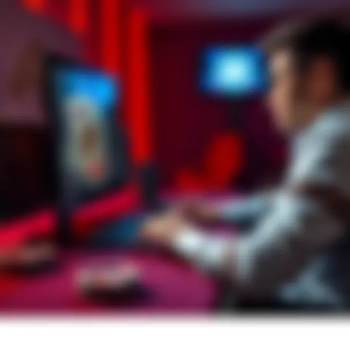 A person sitting at a computer, playing online poker with cards on the screen and chips on the table.