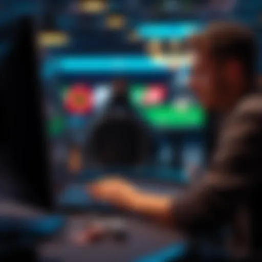 A focused player sitting at a computer, participating in online poker with cards and chips visible on the screen.