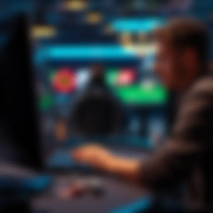 Playing Poker Online A focused player sitting at a computer, participating in online poker with cards and chips visible on the screen.