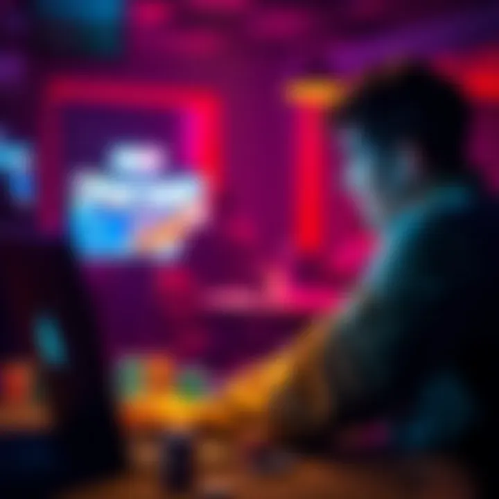 A person playing poker on a laptop using a VPN, looking focused and excited