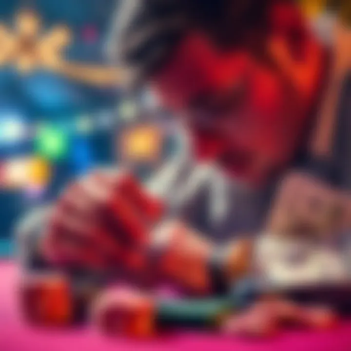 Playing with winnings A person gambling, looking at chips and cash from previous wins, contemplating their next bet.