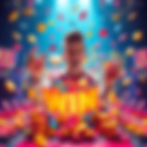 A player celebrating a big win in a Plinko Drop game, surrounded by colorful tokens and vibrant game board.