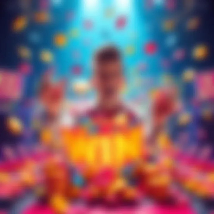 A player celebrating a big win in a Plinko Drop game, surrounded by colorful tokens and vibrant game board.