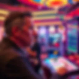 A player looks frustrated while watching a Plinko board at a casino, with colorful chips falling unpredictably.