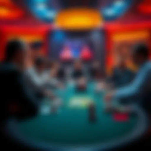 A lively PLO5 Cash Game scene with players engaged in strategic discussion and analyzing a game map.
