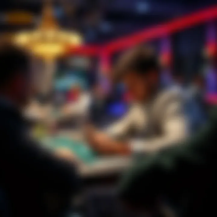 A player sitting at a poker table, focused and looking at their cards, with a dealer in the background and other players engaged in the game.