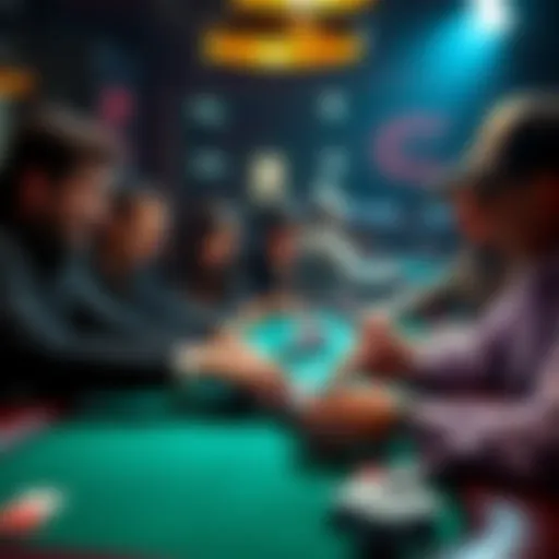 A group of poker players discussing strategies at a table with cards and chips