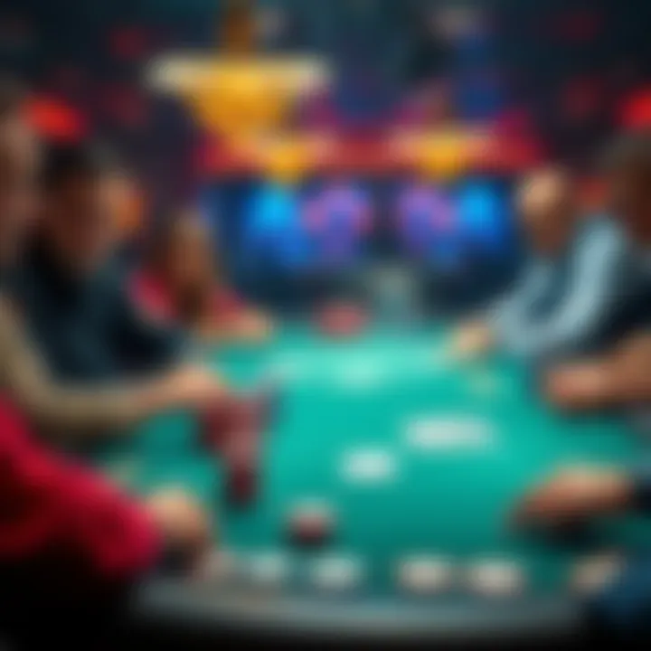 A poker table with players focused on their game, showcasing chips and cards, representing the ups and downs of PLO poker.