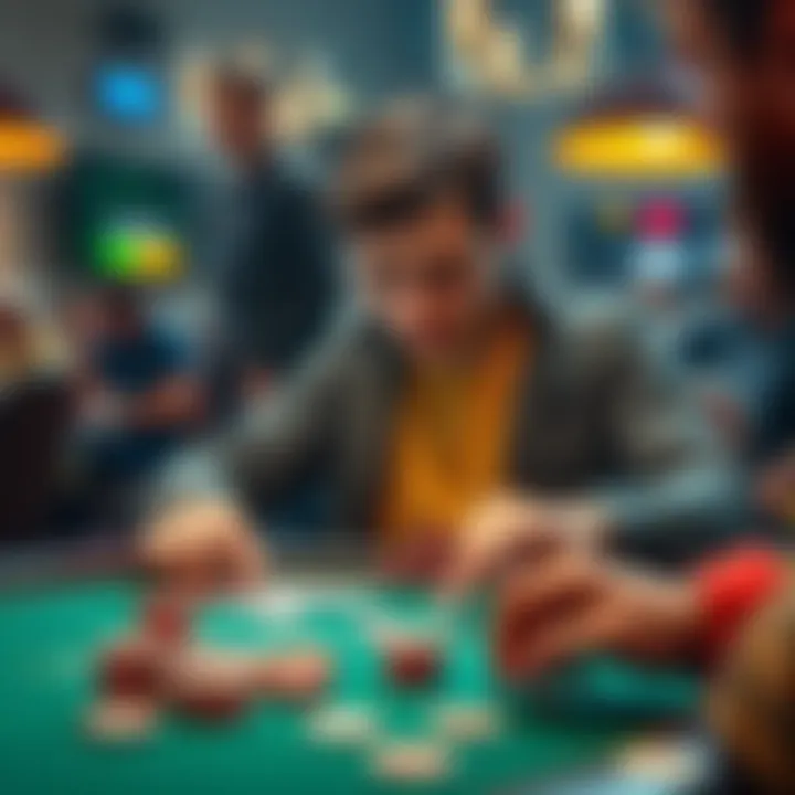 Poker game at a table A beginner playing poker at a table with chips and cards, focused on the game