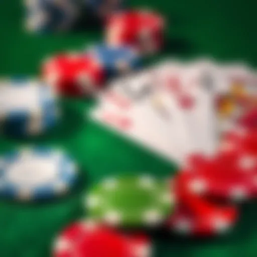 A close-up of colorful poker chips and playing cards on a green felt table, representing a poker game setting.