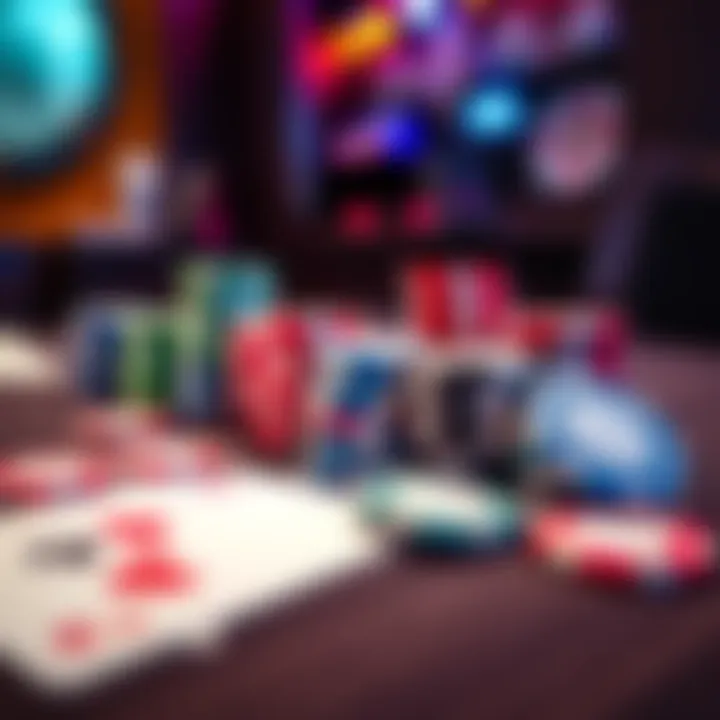 A set of colorful poker chips arranged on a table, ready for a game night with friends.