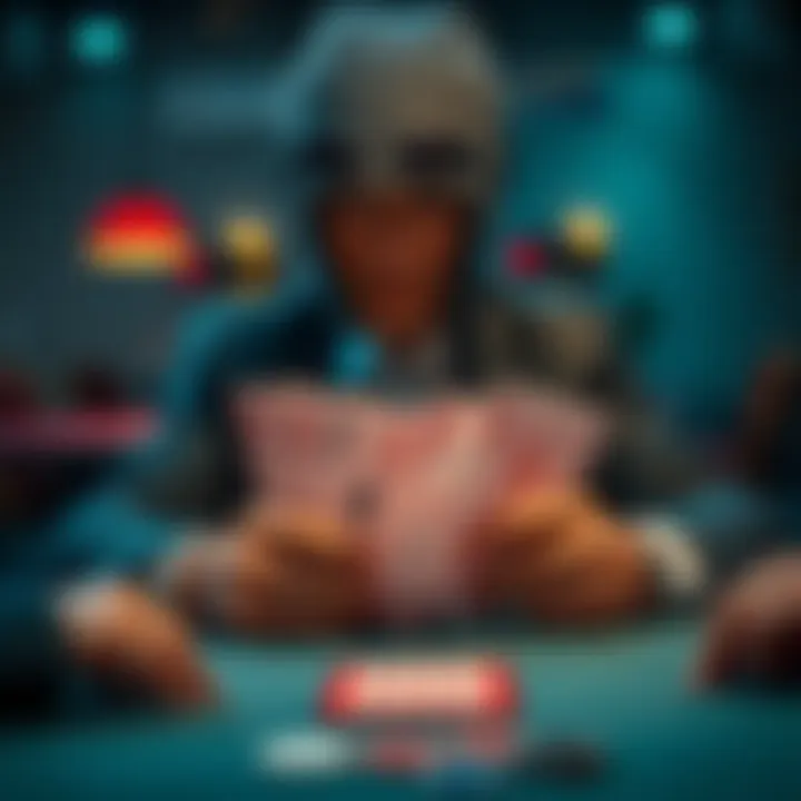 A tense moment at a poker table with a player contemplating whether to fold Aces against an opponent showing a set of Fives