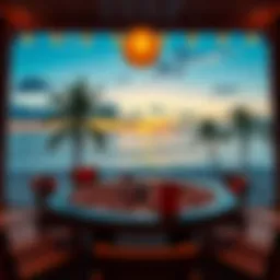 A scenic view of a beachside poker table with palm trees and a sunset in the background