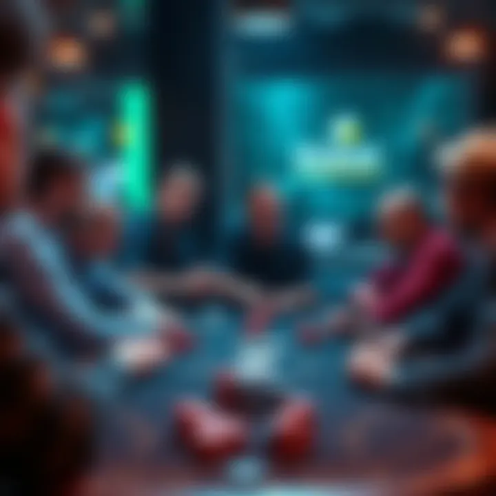 A group of people discussing poker strategies at a table, with cards and chips in front of them.