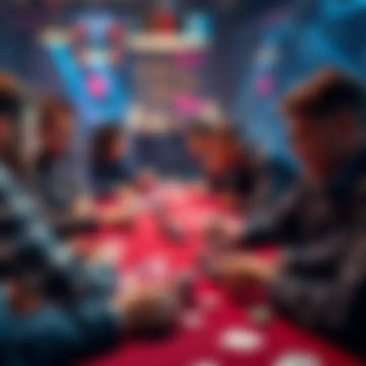 Poker discussion thread A group of people sharing poker tips and strategies at a table with cards and chips