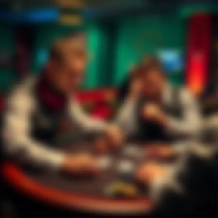 Two poker players at a table calculating their equity on turn cards during a low-stakes game, with cards and chips in view.
