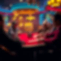 A tense poker game in progress at a casino table with players focusing on their cards and chips.