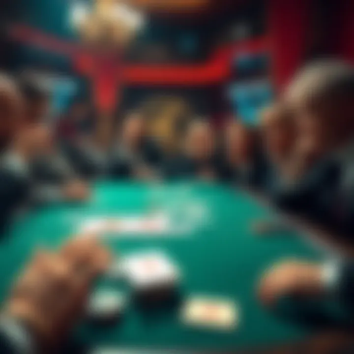 A poker table with players reacting as a straight flush loses against a pair of aces, showing shocked expressions and game cards on the table.