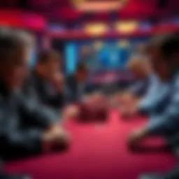 A heated poker game showing players contemplating their next moves with chips stacked