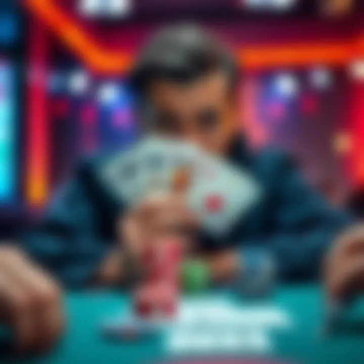 A player looks concerned while reviewing a poker hand featuring King and Queen cards, surrounded by chips and other players at the table.