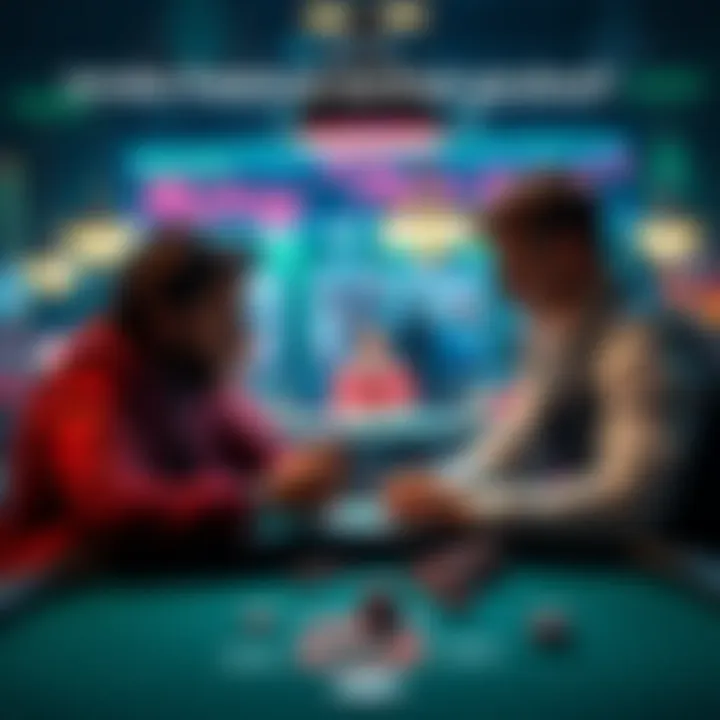 Two players at a poker table, focusing on their cards and chips, contemplating a big decision during a game.