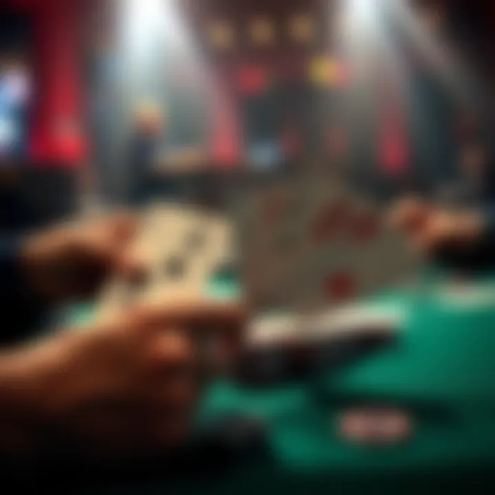 A poker table showing a player holding A/10 non suited cards, contemplating a decision after a high two-pair hand, while another player reveals a winning flush.