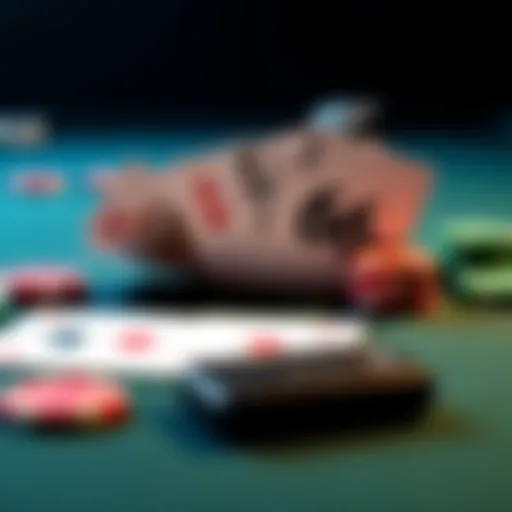 A poker table with cards showing AA, K10, and 66, with chips and a calculator on the side