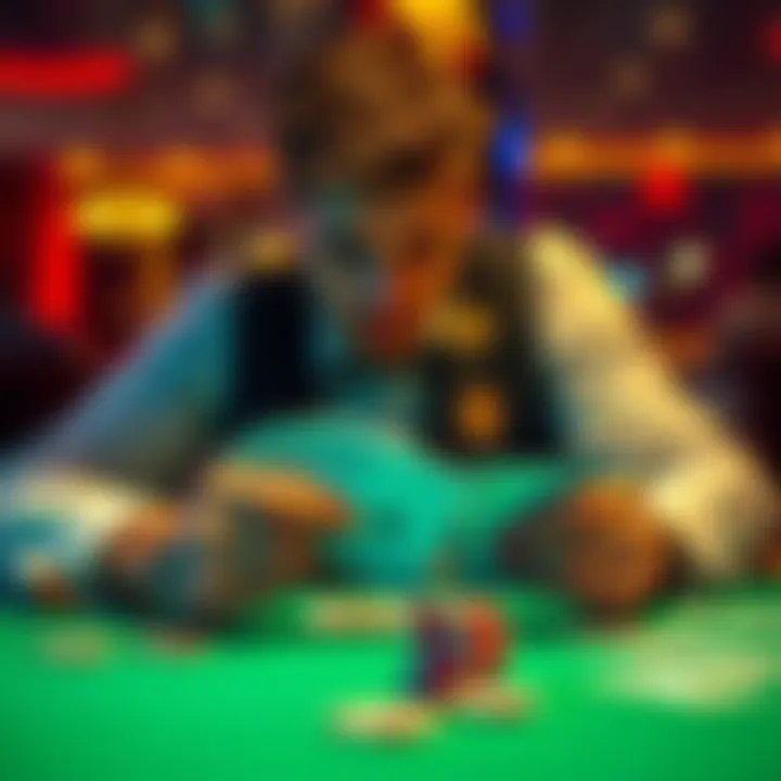 A poker player looks over his cards at a table, contemplating his strategy in Pot-Limit Omaha.