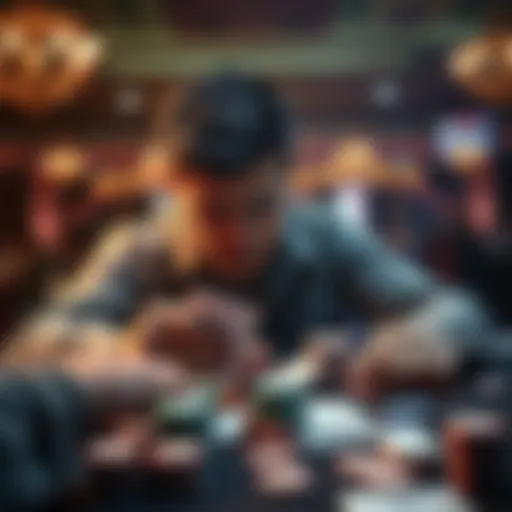 Poker player experiences bad beats A frustrated poker player at a table, looking at his cards with disappointment after a round, surrounded by chips and cards