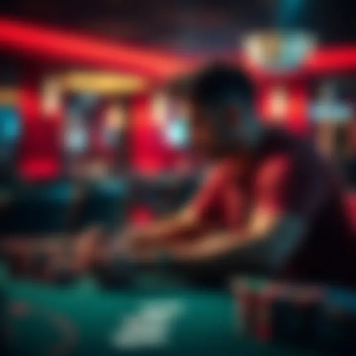 A focused poker player at a table analyzing their hand and the pot amount before making a decision on their bet.