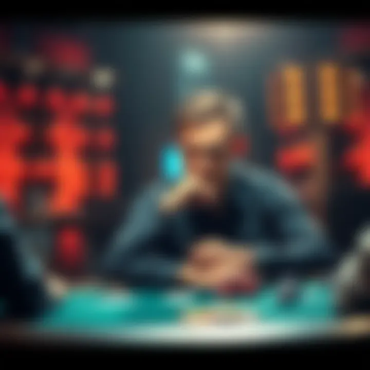 A poker player sits at the table, deep in thought about a crucial call in the game, with cards and chips in front of him.