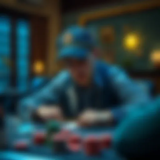 A poker player looks conflicted as they consider their next move during a home game, with chips and cards on the table.
