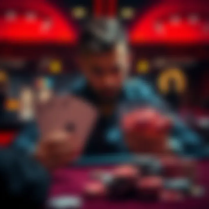 A poker player with Aces considering a fold or call at the river in a casino setting