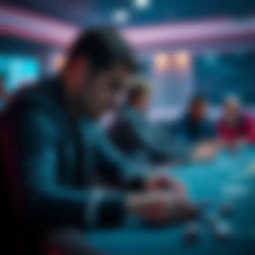 A poker player sits at a table, deep in thought while holding a pair of Aces, facing a challenging situation in a tournament with other players visible in the background.