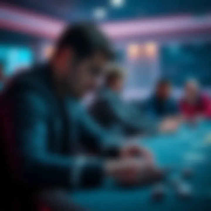A poker player sits at a table, deep in thought while holding a pair of Aces, facing a challenging situation in a tournament with other players visible in the background.