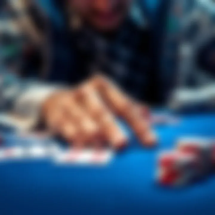 Poker player making a difficult decision A close-up of a poker player's hand over their cards, showing hesitation in a tense moment at the table