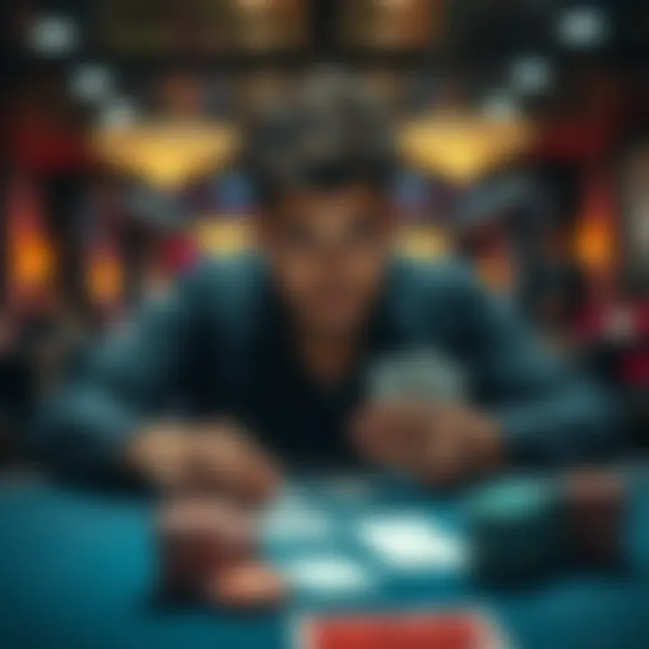 A poker player looking thoughtful at a poker table, with cards in hand and chips stacked in front of him.