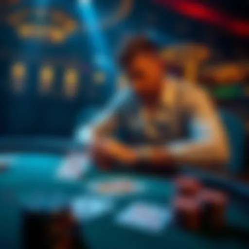A poker player sits at a table, contemplating his decisions after losing a hand, with cards in front showing a pair of kings and a flush on the table.