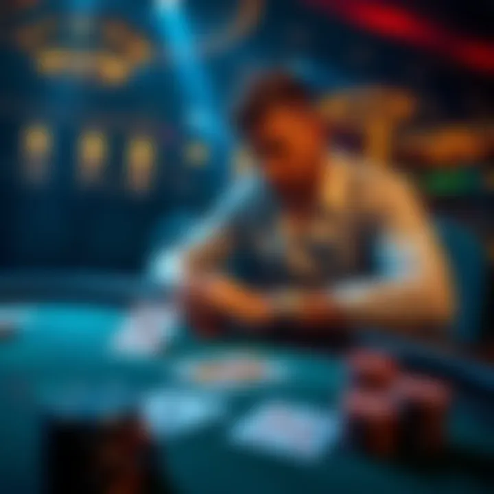A poker player sits at a table, contemplating his decisions after losing a hand, with cards in front showing a pair of kings and a flush on the table.