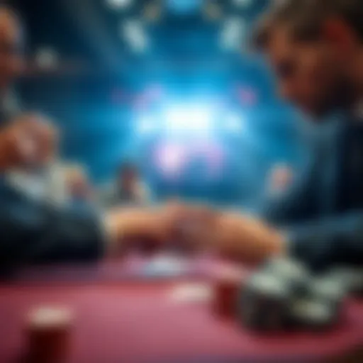 A poker player analyzing cards and making a decision at the table, showing focus and intuition, with chips in front of him