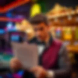 A professional poker player holding a lawsuit document outside a casino, looking concerned.