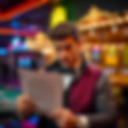 A professional poker player holding a lawsuit document outside a casino, looking concerned.