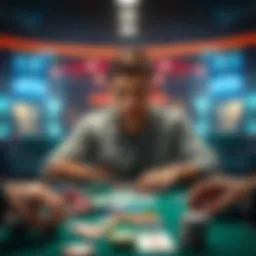 A focused individual sitting at a poker table, surrounded by chips and cards, contemplating their game strategy
