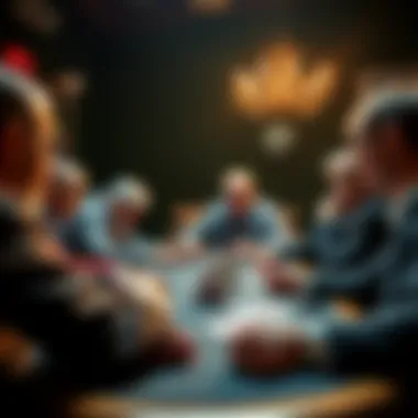 Poker players discussing strategies A group of experienced poker players sharing tips on bankroll management and mental approach at a table.