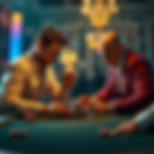 Two players at a poker table intensely discussing their next moves while looking at their cards