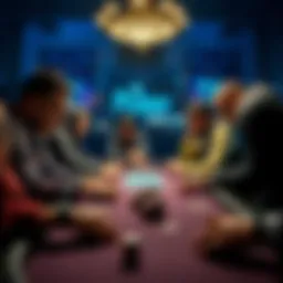 Poker players at a tense table A group of poker players intensely focused at a table, chips and cards in front of them, showing their decision-making moments