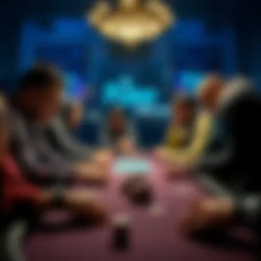 Poker players at a tense table A group of poker players intensely focused at a table, chips and cards in front of them, showing their decision-making moments