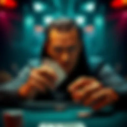 A poker player trying to conceal his intentions during a game, showing a focused expression and a hand with playing cards.